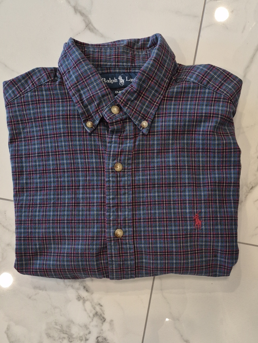 Vintage Ralph Lauren Mens Plaid Button-Down Shirt - Blue and Red Classic Fit
